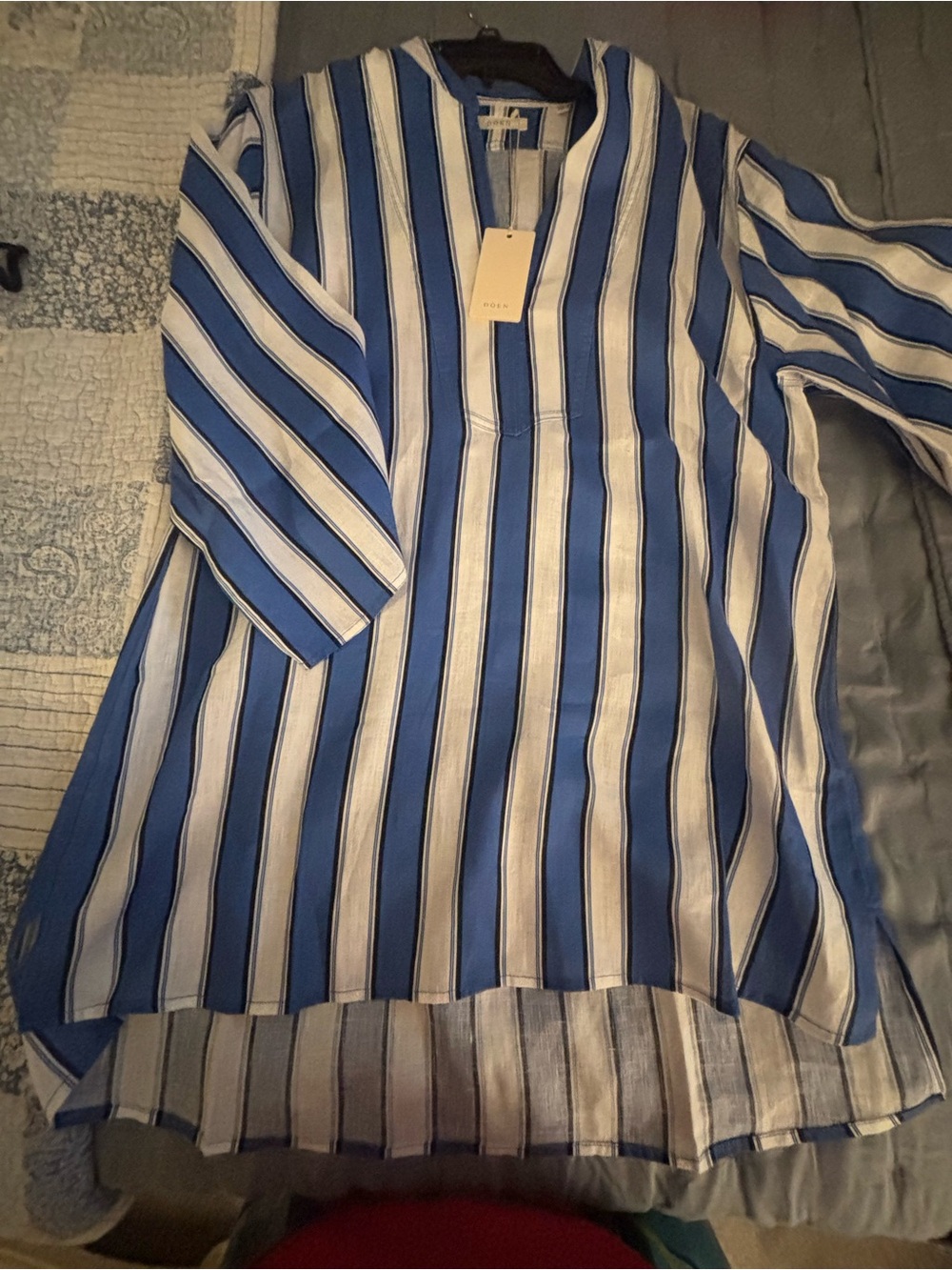 Doen Blue and White Vertical Stripe Button-Down Tunic